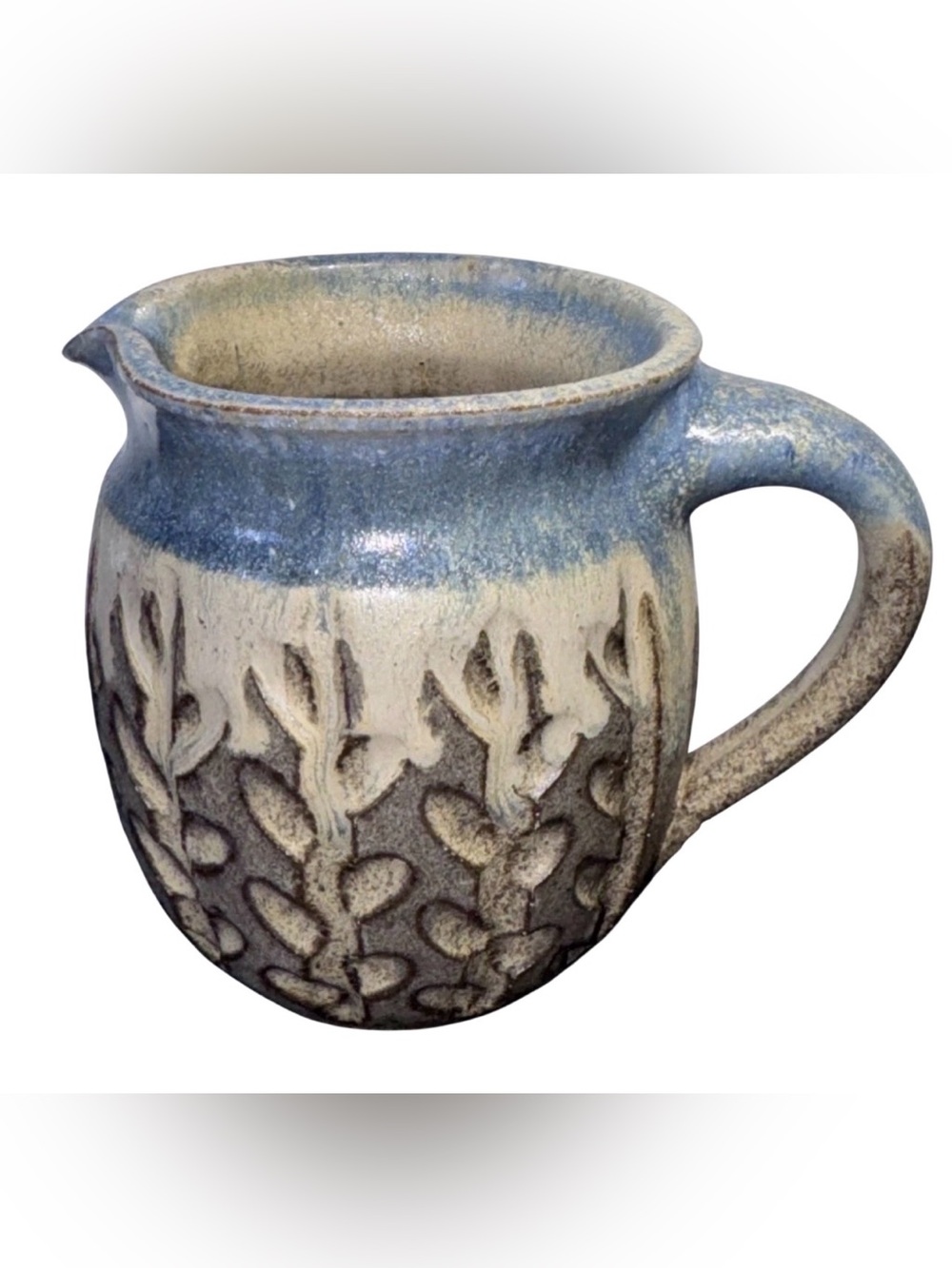 Pottery Studio Art Blue Signed 4” Tall Etched creamer Textured Vintage